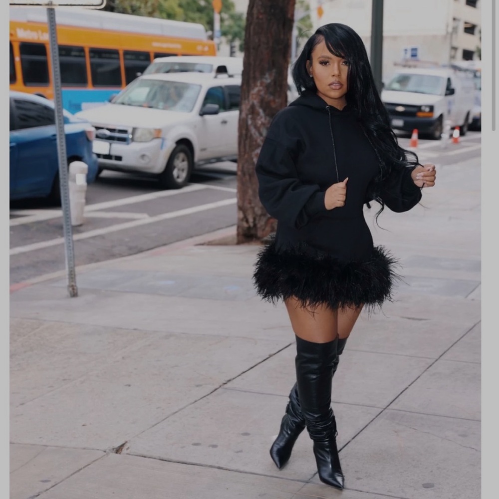 Black Feather Trim Mini Dress